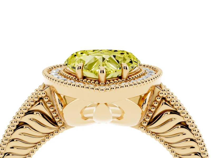 Fancy Yellow Heart Cut Diamond Halo Ring Set in Yellow gold with Round Accent Halo, Pavé Band and Prong Setting