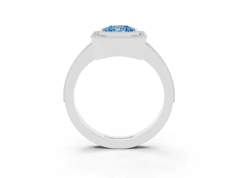 Fancy Blue Radiant Cut Diamond Halo Engagement Ring Set in Platinum with Pavé Band and Round Halo Stones