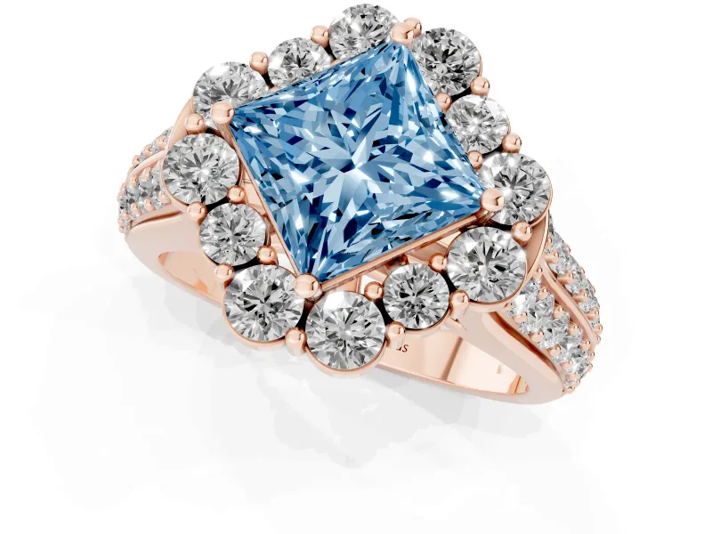 Fancy Blue Princess Cut Diamond Halo Engagement Ring Set in Rose gold with Split Shank and Prong Setting