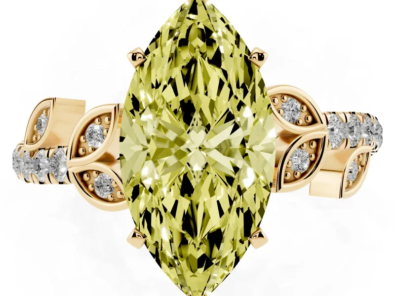 Fancy Yellow Marquise Cut Diamond Solitaire Leaf-Inspired Ring Set in Yellow gold with Pavé Band and Prong Setting