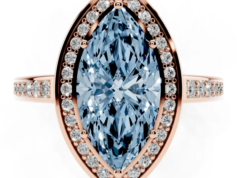 Fancy Blue Marquise Cut Diamond Halo Pavé Split Shank Ring Set in Rose gold with Prong Setting