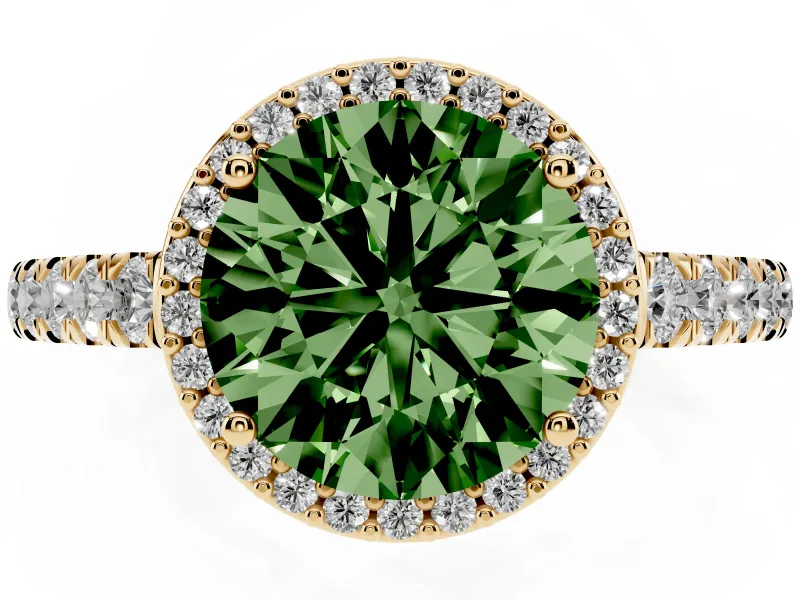 Fancy Green Round Cut Diamond Halo Engagement Ring Set in Yellow gold with Pavé Band and Prong Setting
