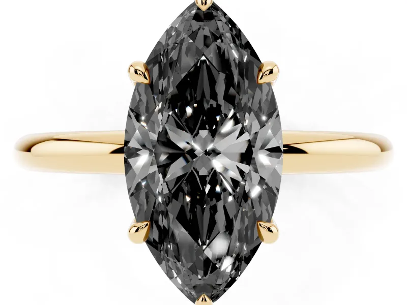Fancy Black Marquise Cut Diamond Solitaire Ring Set in Yellow gold with Thin Band and Prong Setting