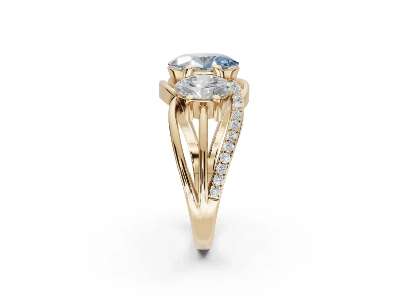 Oval Three Stone Split Shank Engagement Ring Setting for a Fancy Blue Lab-Grown Diamond | Matching Sides | Yellow Gold