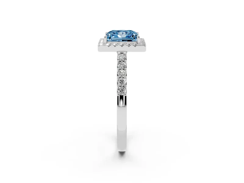 Fancy Blue Princess Cut Diamond Halo Pavé Solitaire Ring Set in Platinum with Prong-Set Center Stone