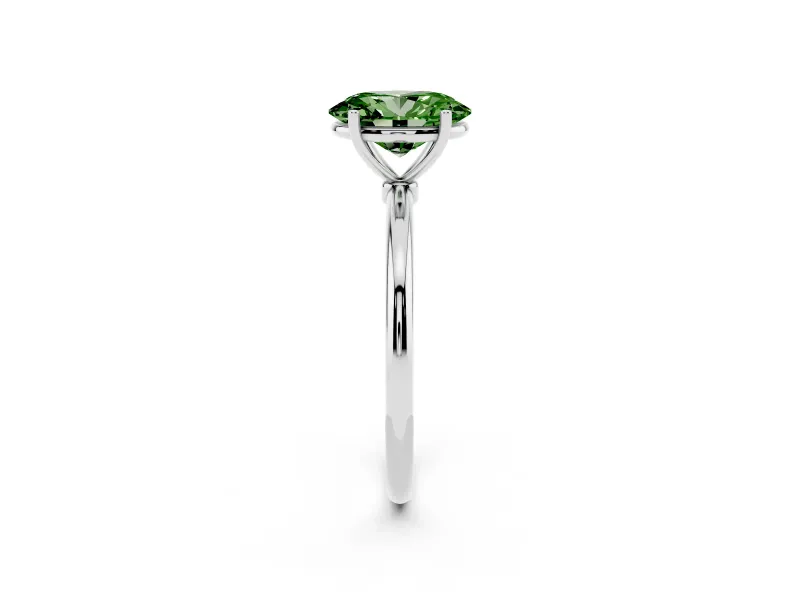 Fancy Green Oval Cut Diamond Solitaire Engagement Ring Set in Platinum with Thin Band and Prong Setting