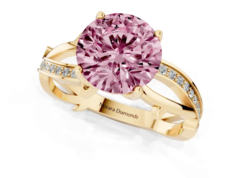 Round Twisted Pavé Engagement Ring Setting for a Fancy Pink Lab-Grown Diamond | Pavé and Plain Strands | Yellow Gold