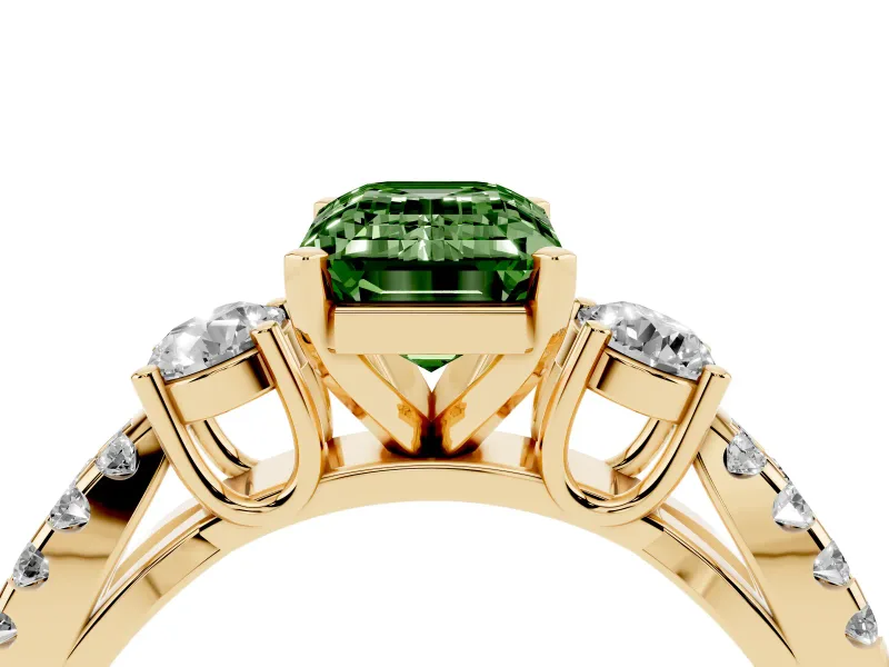 Fancy Green Emerald Cut Diamond Three-Stone Ring Set in Yellow gold with Pavé Split Shank and Prong Setting