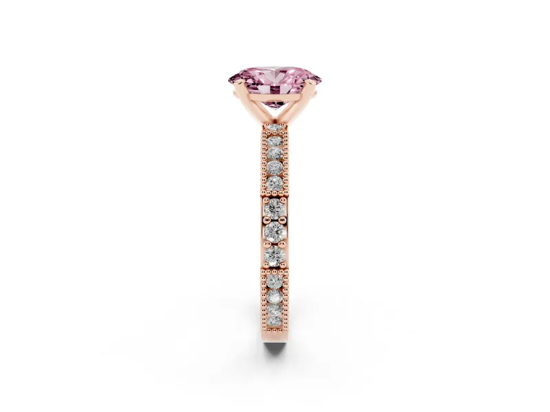 Fancy Pink Oval Cut Diamond Solitaire Ring Set in Rose gold with Slim Pavé Band and Prong Setting