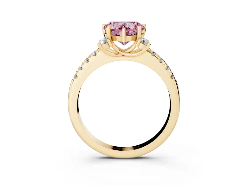 Heart-Shaped Side Stone Engagement Ring Setting for a Fancy Pink Lab-Grown Diamond | Pave Band | Yellow Gold