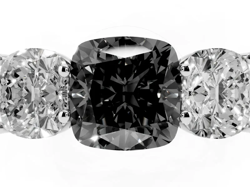 Cushion Cut Three Stone Engagement Ring Setting for a Black Center | Basket Prong Heads | Platinum