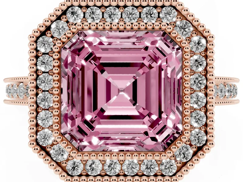 Fancy Pink Asscher Cut Diamond Halo Ring Set in Rose gold with Pavé Band and Milgrain-Edged Prongs