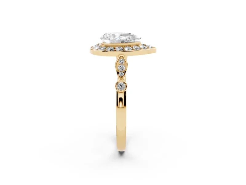 Pear-Shaped Vintage Halo Engagement Ring Setting | Bezel Station Shoulders | Yellow Gold