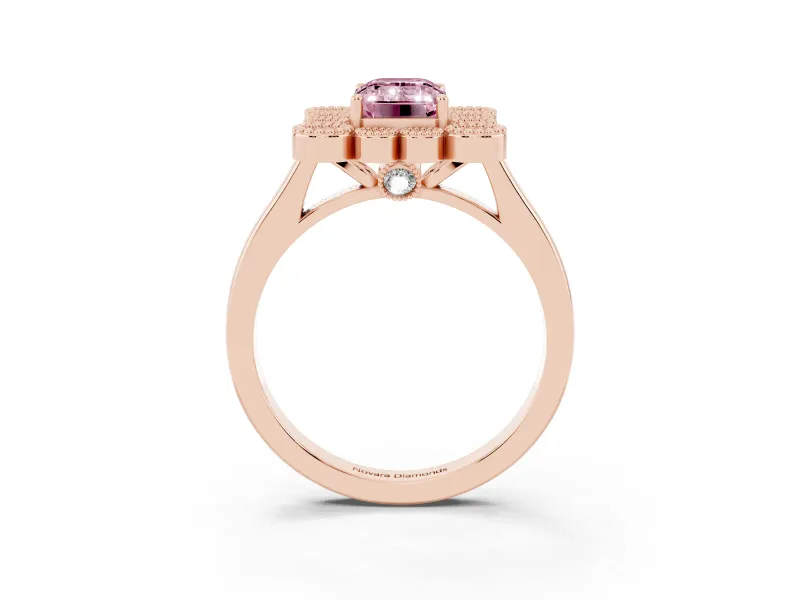 Emerald Cut Milgrain Cluster Halo Engagement Ring Setting for a Fancy Pink Lab-Grown Diamond | Plain Band | Rose Gold