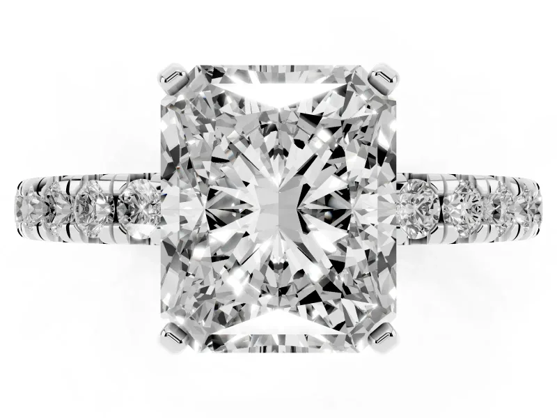 Radiant Cut Pavé Solitaire Engagement Ring Setting | Shared Prong Band | White Gold