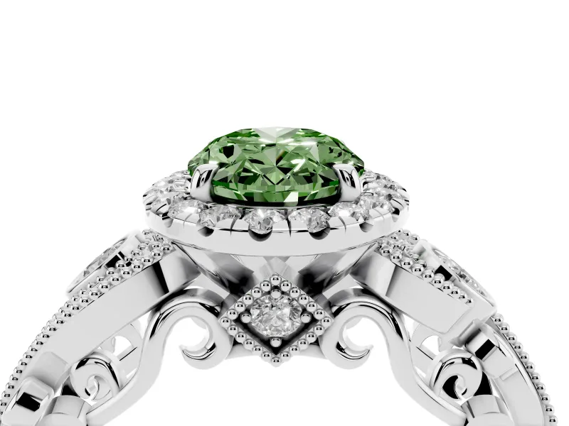 Fancy Green Oval Cut Diamond Halo Ring Set in White gold with Milgrain Pavé Band and Prong Setting