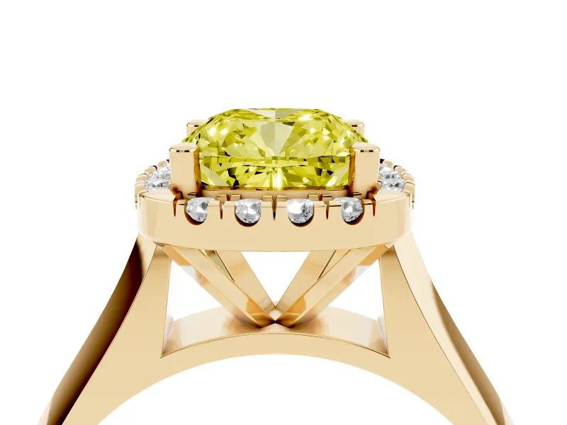 Cushion Cut Halo Engagement Ring Setting for a Fancy Yellow Lab-Grown Diamond | Square Profile Band | Yellow Gold