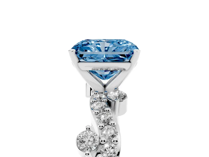 Radiant Cut Twisted Pavé Engagement Ring Setting for a Fancy Blue Lab-Grown Diamond | Bar Stations | White Gold
