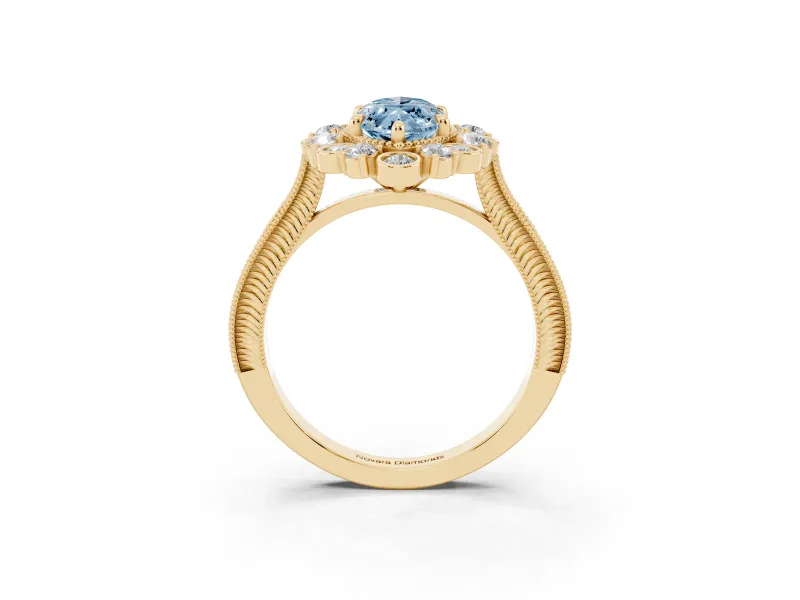 Fancy Blue Marquise Cut Diamond Halo Milgrain Pavé Ring Set in Yellow gold with Prong Setting
