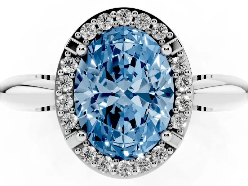 Fancy Blue Oval Cut Diamond Halo Engagement Ring Set in White gold with Plain Split Shank and Prong Setting