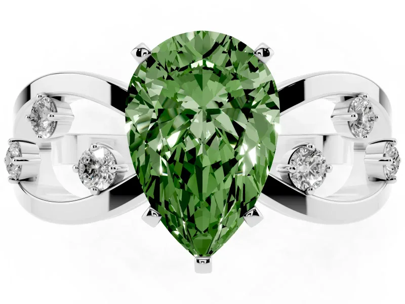 Fancy Green Pear Cut Diamond Solitaire Ring Set in Platinum with Side Stones on Criss-Cross Band and Prong Setting