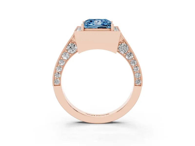 Princess Cut Milgrain Halo Engagement Ring Setting for a Fancy Blue Lab-Grown Diamond | Side Stones | Rose Gold