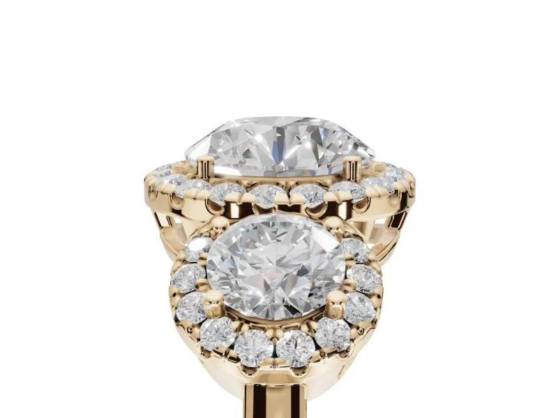 Round Three Stone Halo Engagement Ring Setting | Haloed Side Stones | Yellow Gold