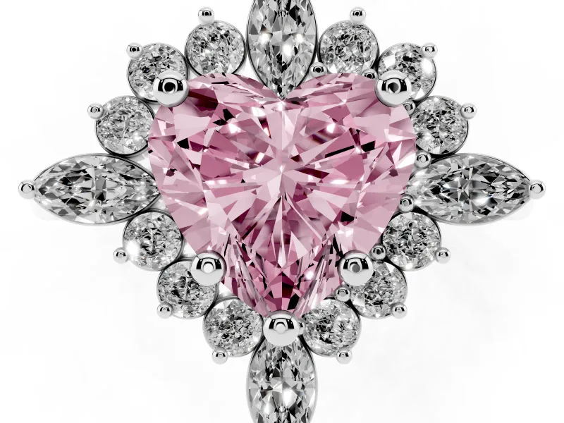 Fancy Pink Heart Cut Diamond Cluster Halo Ring Set in Platinum with Marquise and Round Accents