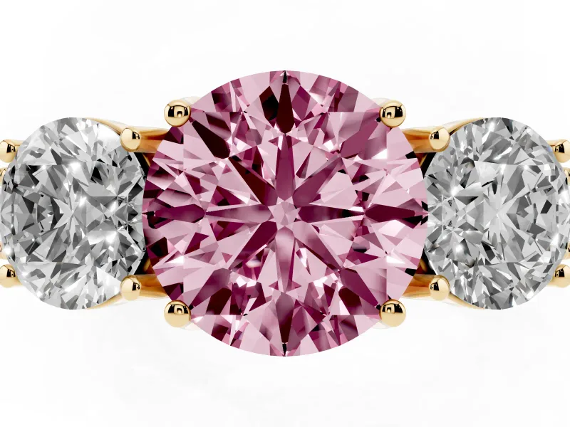 Round Vintage Three Stone Engagement Ring Setting for a Fancy Pink Lab-Grown Diamond | Yellow Gold