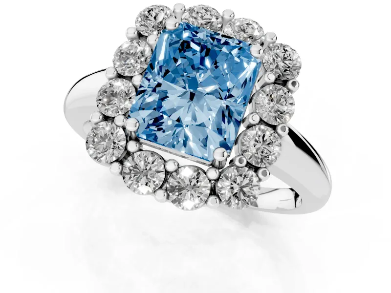 Radiant Cut Cluster Halo Engagement Ring Setting for a Fancy Blue Lab-Grown Diamond | Large Round Accents | Platinum