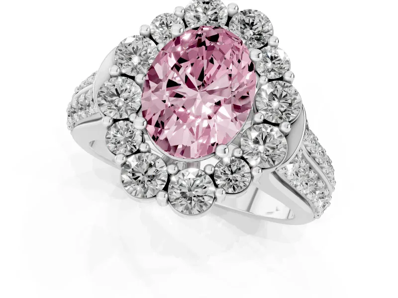 Fancy Pink Oval Cut Diamond Halo Engagement Ring Set in Platinum with Split Shank and Prong Setting
