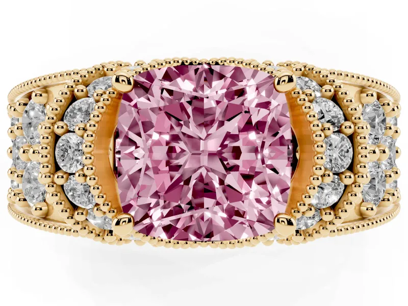 Fancy Pink Cushion Cut Diamond Milgrain Halo Pavé Engagement Ring Set in Yellow gold with Prong Setting
