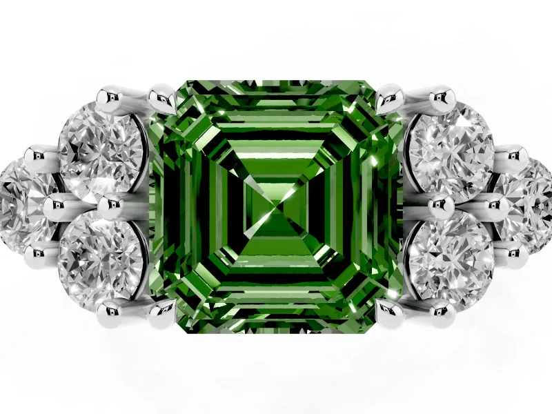 Fancy Green Asscher Cut Diamond Solitaire Ring Set in White gold with Cluster Accents on Each Side