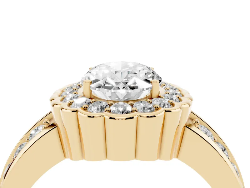 Oval Cut Diamond Scalloped Halo Ring Set in Yellow gold with Pavé Split Shank