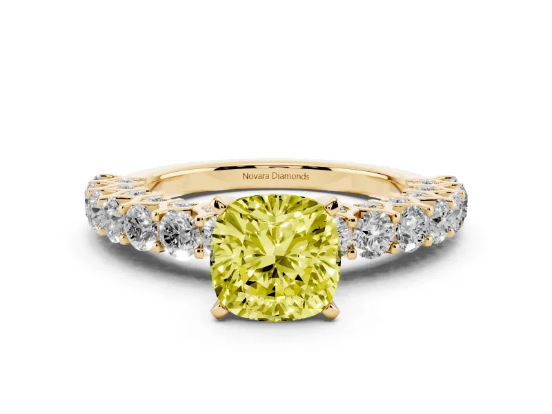 Fancy Yellow Cushion Cut Diamond Solitaire Ring Set in Yellow gold with Shared Prong Pavé Band
