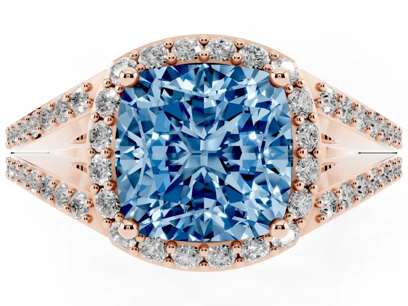 Cushion Cut Split Shank Halo Engagement Ring Setting for a Fancy Blue Lab-Grown Diamond | Rose Gold