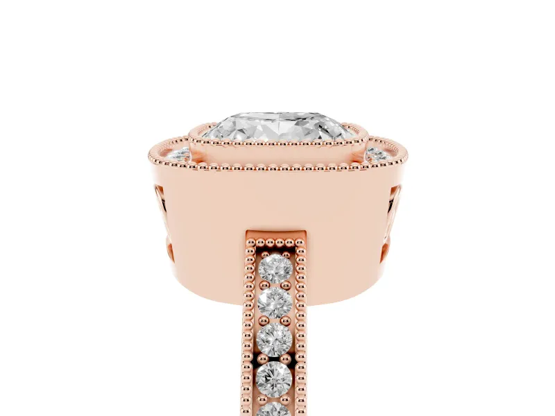 Cushion Cut Diamond Halo Ring Set in Rose gold with Pavé Band and Milgrain-Edged Prongs