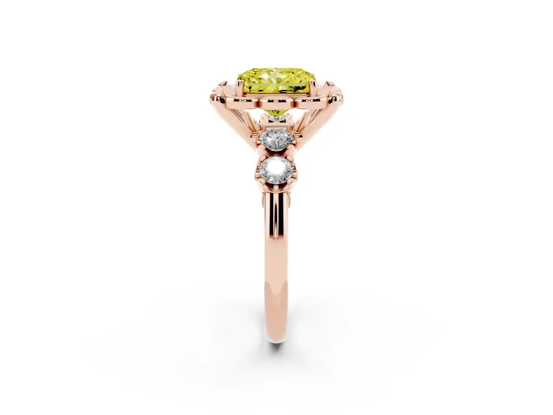 Fancy Yellow Radiant Cut Diamond Floral Halo Ring Set in Rose gold with Shared Prong Band