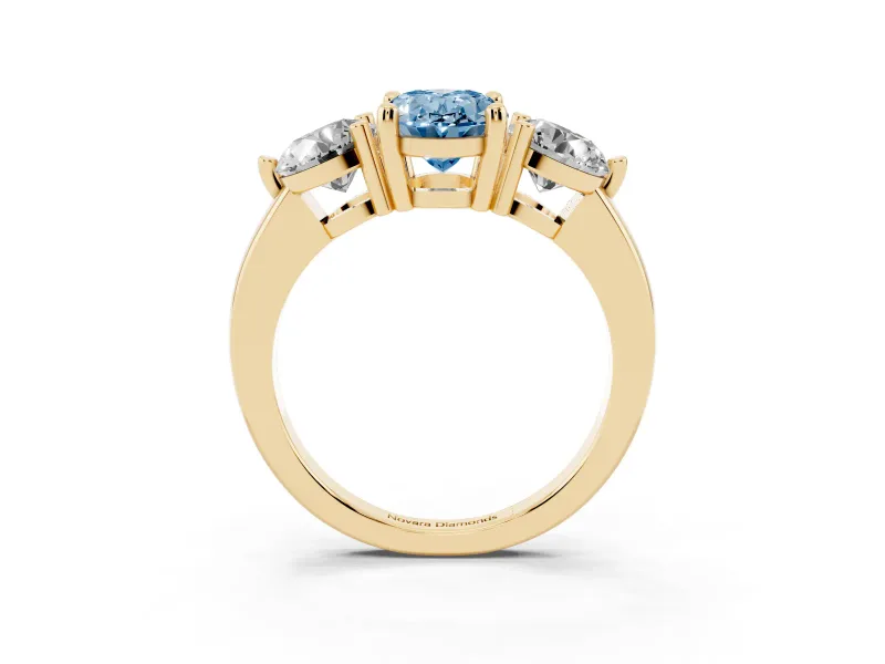 Oval Three Stone Engagement Ring Setting for a Fancy Blue Lab-Grown Diamond | Open Prong Baskets | Yellow Gold