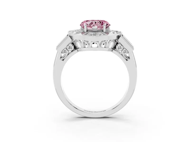 Fancy Pink Heart Cut Diamond Milgrain Halo Ring Set in White gold with Split Shank