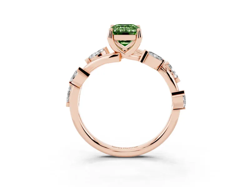 Fancy Green Emerald Cut Diamond Solitaire Ring Set in Rose gold with Twisted Marquise Accent Band