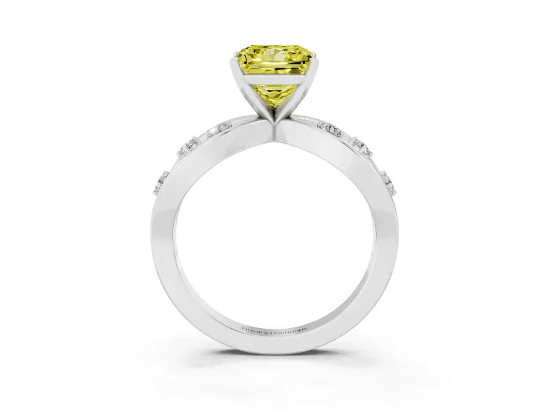 Fancy Yellow Princess Cut Diamond Solitaire Ring Set in Silver with Side Stones on Criss-Cross Band and Prong Setting