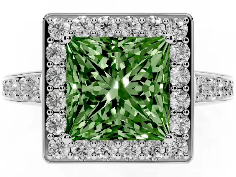 Fancy Green Princess Cut Diamond Halo Pavé Engagement Ring Set in White gold with Bezel Setting