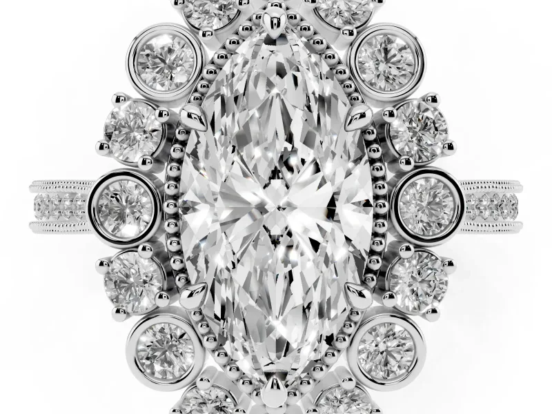 Marquise Cut Diamond Halo Milgrain Pavé Ring Set in Silver with Prong Setting