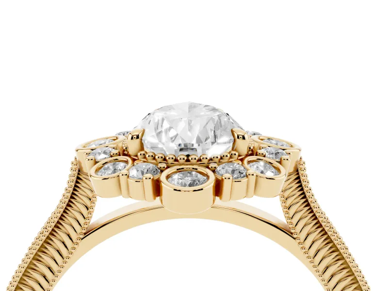 Pear Cut Diamond Halo Milgrain Pavé Ring Set in Yellow gold with Prong Setting
