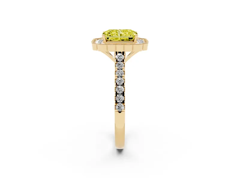 Fancy Yellow Radiant Cut Diamond Milgrain Floral Halo Engagement Ring Set in Yellow gold with Pavé Band