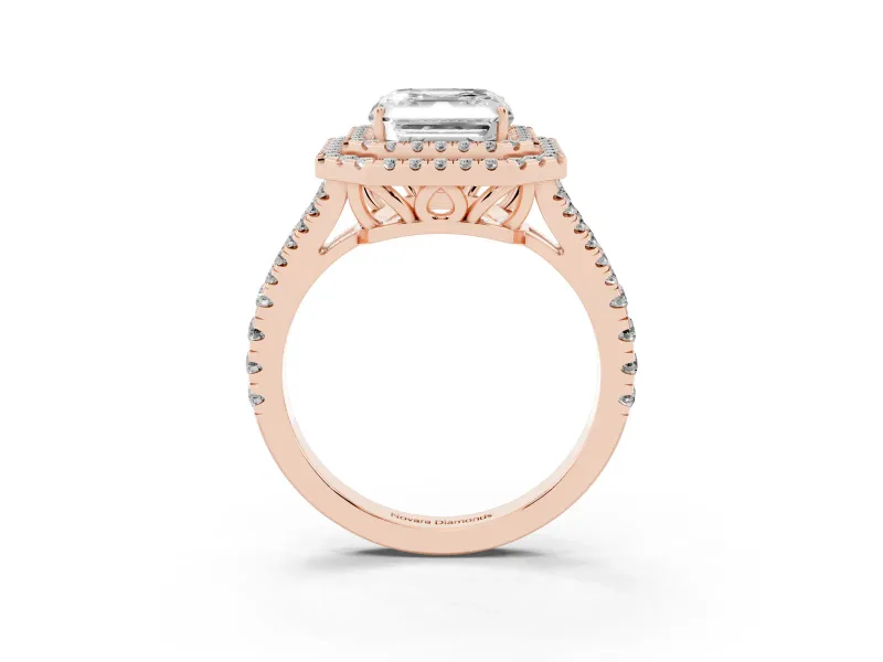 Asscher Cut Double Halo Split Shank Engagement Ring Setting | Pavé Shoulders | Rose Gold