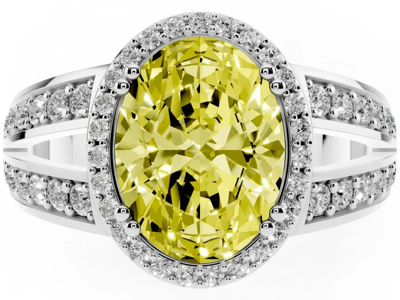 Fancy Yellow Oval Cut Diamond Halo Ring Set in White gold with Double Pavé Split Shank