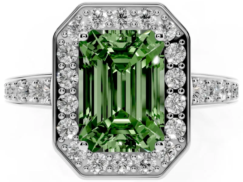 Fancy Green Emerald Cut Diamond Halo Pavé Engagement Ring Set in Platinum with Bezel Setting