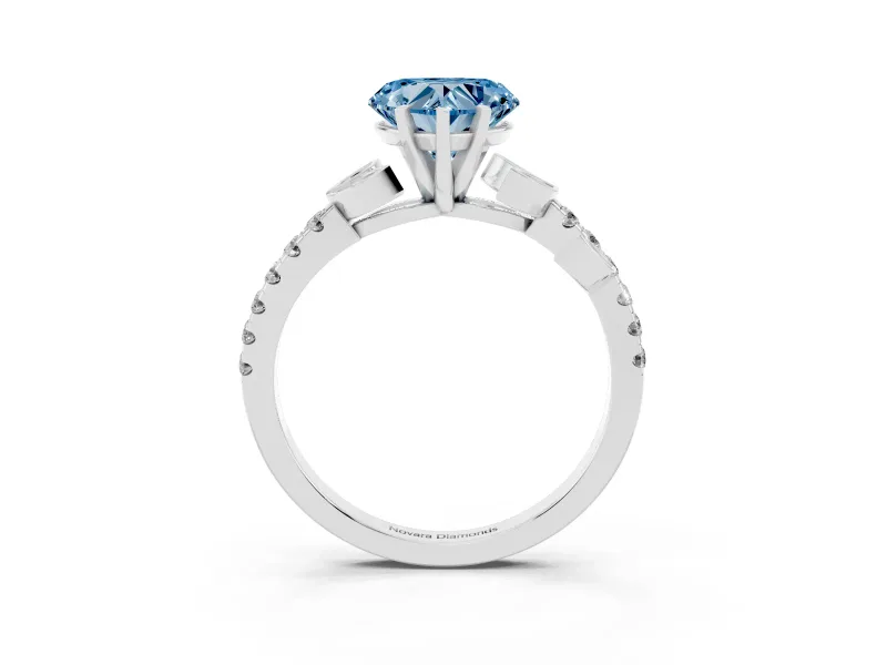 Fancy Blue Heart Cut Diamond Solitaire Leaf-Inspired Ring Set in Silver with Pavé Band and Prong Setting